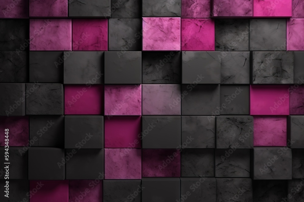 Sticker a wall with a bunch of different colored blocks on it's sides and a black and pink wallpaper on the 