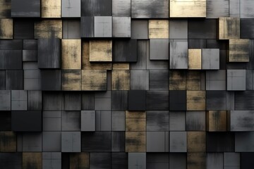  a very nice looking wall with some gold and black squares on the side of the wall and a black and white stripe on the bottom half of the wall.  generative ai