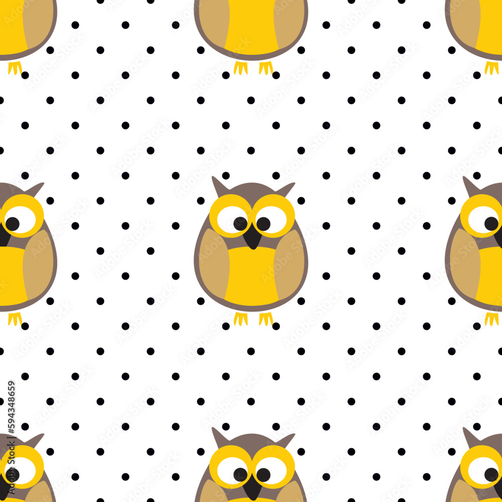 Poster tile vector pattern with owls and dots on white background