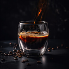 Coffee Cup made of Glass, some Beans on the Background Slightly Blurred, Commercial Photography Generated with AI