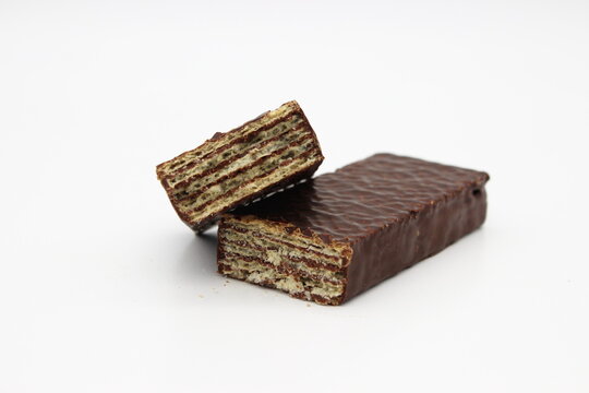 Chocolate wafers on a white background close-up