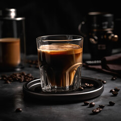 Coffee Cup made of Glass, some Beans on the Background Slightly Blurred, Commercial Photography Generated with AI
