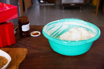 Closeup of a bowl with homemade cream for a cake