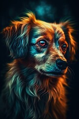  a close up of a dog's face with blue and orange eyes and a black background with a black background and a red and orange border colliel border collie.  generative ai
