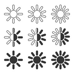 Sun graphic icons set. Sun pictograms isolated on white background. Symbols of summer. Vector illustration