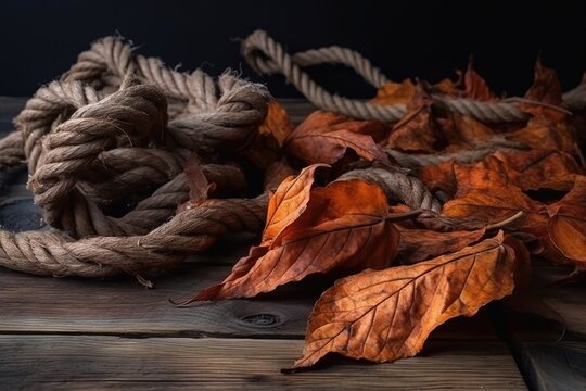  a rope and leaves on a wooden surface with a black background photo by scott.  generative ai