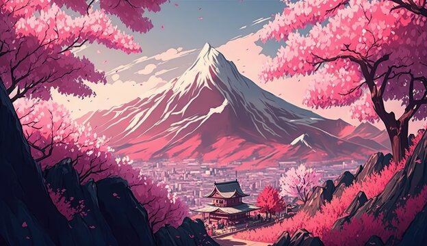 Beautiful pink sakura cherry blossom with mountain, spring landscape, cartoon manga anime art style, AI generated
