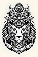 Plakat digital illustration, abstract LION pattern, black and white folklore motif, isolated on white background, vector texture, bear design in the middle, modern fashion print 