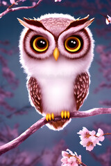 illustration of a cute owl with big eyes in the spring landscape in the background, during the cherry blossoms, generative ai	