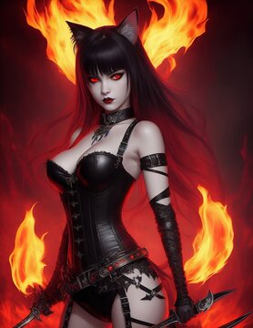 Alluring demonic catgirl in hell, Generative AI