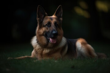 A German Shepherd is featured in an environmental portrait photo, beautifully framed with a lush park providing the backdrop