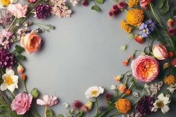  a bunch of flowers arranged in a circle on a gray background with a place for a name on the bottom of the picture to be added text.  generative ai