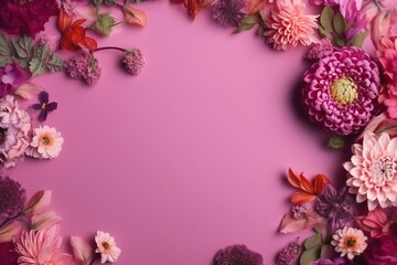  a pink background with a bunch of flowers on top of the bottom of the image is a purple circle with a few pink flowers on the bottom of the image.  generative ai