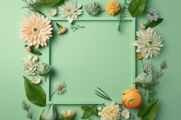  a square frame with flowers and leaves on a mint green background with a place for a text or a picture or an image of a flower arrangement.  generative ai