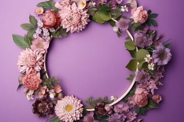  a wreath of flowers on a purple background with a place for the text or a picture to be placed on the front of the wreath.  generative ai
