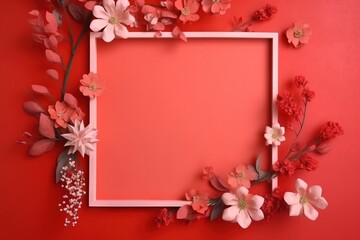  a square frame surrounded by flowers on a red background with a place for a text or a picture or an image of a flower arrangement.  generative ai