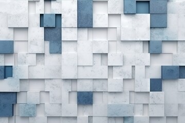  a white and blue wall with squares and rectangles on it's sides and a black and white clock in the middle of the wall.  generative ai