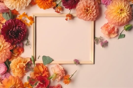  a picture frame surrounded by flowers on a pink background with a place for a text or a picture to put on a card or brochure.  generative ai
