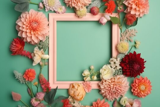  a square frame with flowers on a green background with a pink border around it and a pink border around the edges of the picture is a pink frame.  generative ai