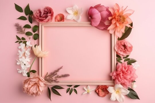  a pink square frame with flowers on a pink background with a place for a text or an image with a place for the text in the middle.  generative ai
