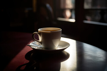 White Coffee Cup with Spoon, Film Photography, Professional Lights, Cinematic Shadows Generated with AI