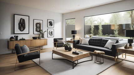 Fototapeta na wymiar modern living room with backyard in background