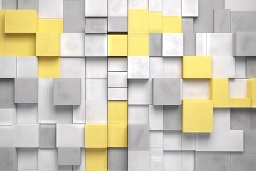  a yellow and white wall with squares of different sizes and shapes on it's sides and a yellow square in the middle of the middle of the wall.  generative ai