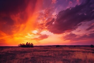  a sunset over a field with a lone tree in the foreground and clouds in the distance with a purple and orange sky in the background.  generative ai