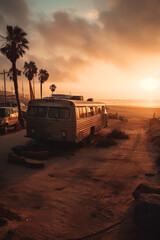 Old motorhome, rv, parking spot, van life. Ai generative