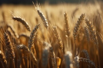 Golden ripe ears of wheat close-up. Endless wheat field. Harvesting, agricultural farm and healthy food production, generative AI