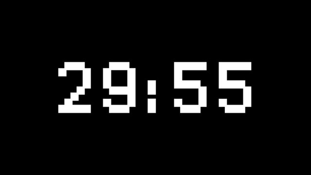 Digital clock 30 minutes countdown timer animation on black background. Pixel style. 4k footage.