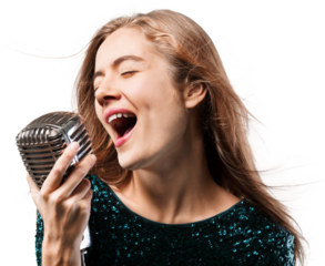 Beautiful young female singer with vintage microphone