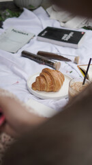 butte croissant on plate in picnic blanket with coffee milk on side, aesthetic image