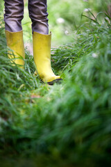 Legs of a boy in green wellies in the middle of the grass. 
