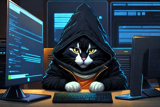 Cat hacker or program develper with laptop illustration. Funny pet character in hoodie playing computer, generative ai