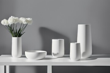 Fototapeta na wymiar a couple of white vases sitting on top of a table, generative ai