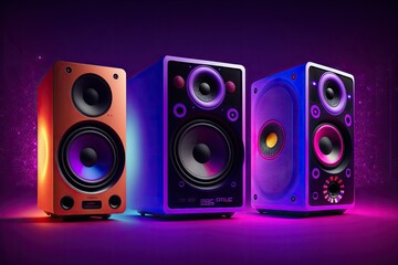 Modern loudspeakers on table against purple colored background, generative ai - obrazy, fototapety, plakaty