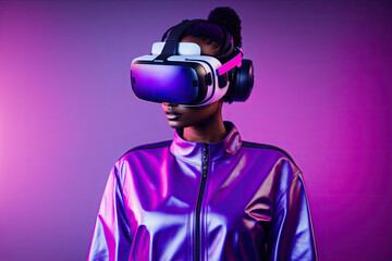 Woman with glasses of virtual reality. Future technology concept, pink background, generative ai