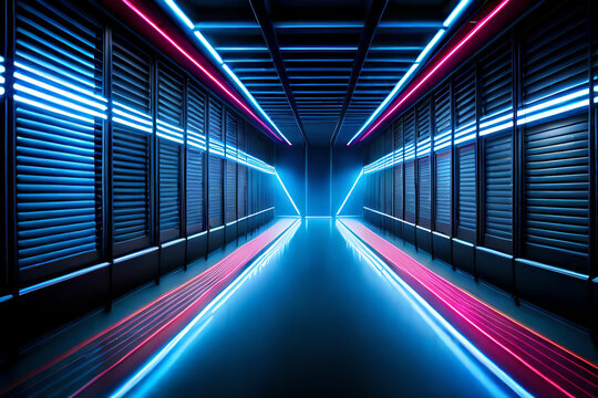 A hallway with neon lights and a black floor. Dark background of empty room, neon red light, concrete floor, smoke Generative AI