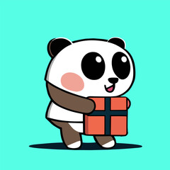 Cute mascot design for a panda carrying a cute gift box, flat cartoon design in animal style