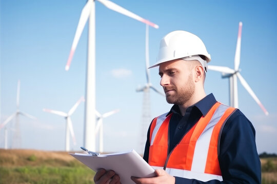 Maintenance engineer inspecting wind turbines, high quality generative ai