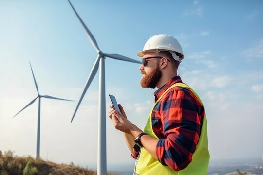 Maintenance engineer inspecting wind turbines, high quality generative ai