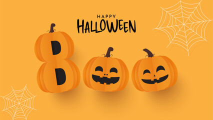 Happy halloween banner. Halloween pumpkin design with paper cut  BOO alphabet on orange background. Paper cut and craft style illustration