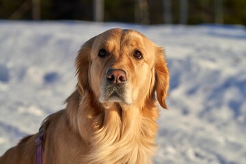 Obraz premium Close up of a golden retriever with a snowy background looking at the camera
