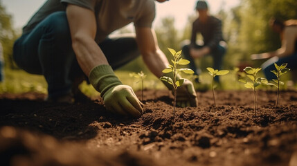 men are planting trees and watering them to help increase oxygen in the air and reduce global warming, Save world save life and Plant a tree