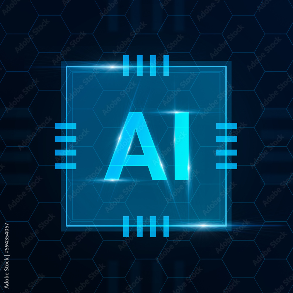 Poster Creative AI Logo In Computer Microchip Design Over Abstract Cell Background