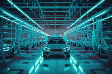 A car assembly factory in a wide hall . car industry. Ai generative