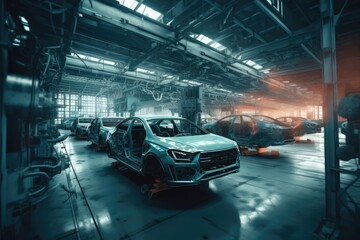Obraz premium A car assembly factory in a wide hall . car industry. Ai generative