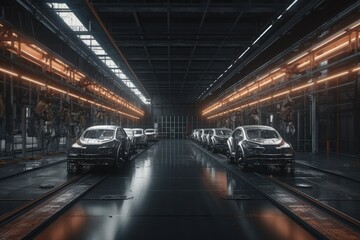 A car assembly factory in a wide hall . car industry. Ai generative