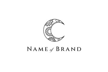 Crescent moon logo with floral ornament combination in zentangle design style